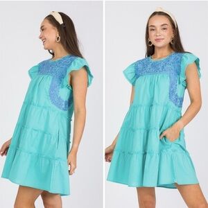 J.Marie NWT! Emerson Embroidery Dress, Turquoise Fully Lined Pull-On Fit Size XL